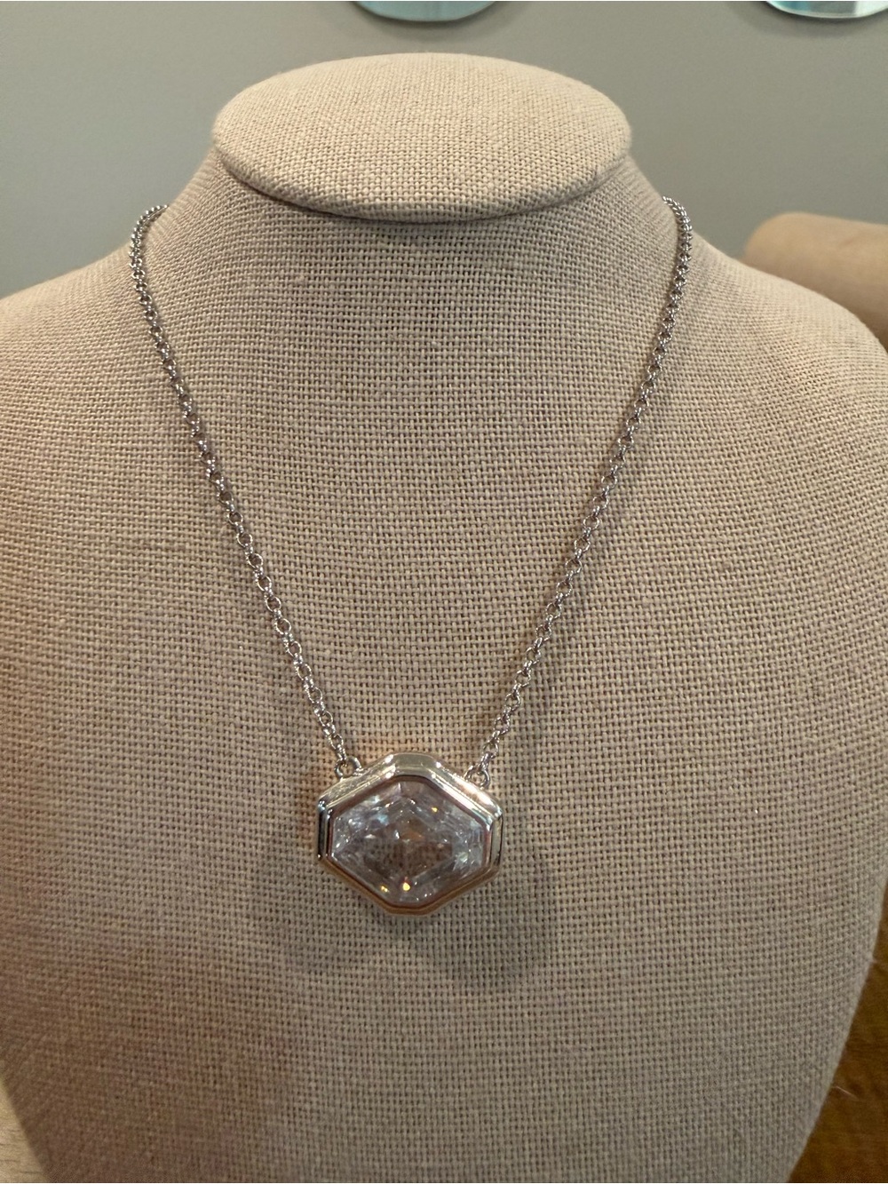 Rhodium silver finish Hexagon Pendant Necklace with Clear Crystal Accent